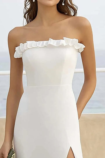 White Chiffon Strapless Ruffled Long Formal Dress with Slit